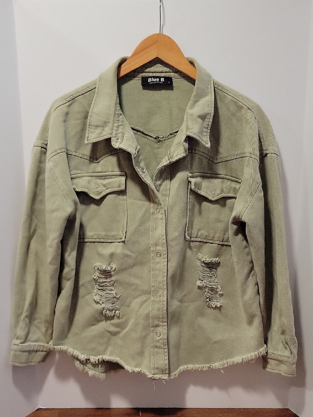 Blue B Frayed Boho Green Distressed Jacket Size Large